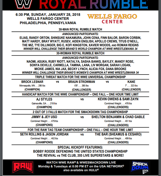 WWE Royal Rumble Lineup Card